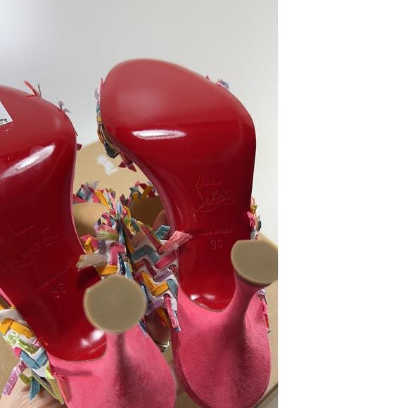 Meroine Pink Rainbow Woven 85mm raffia fringe heels mules D979 - Picture 11 of 11